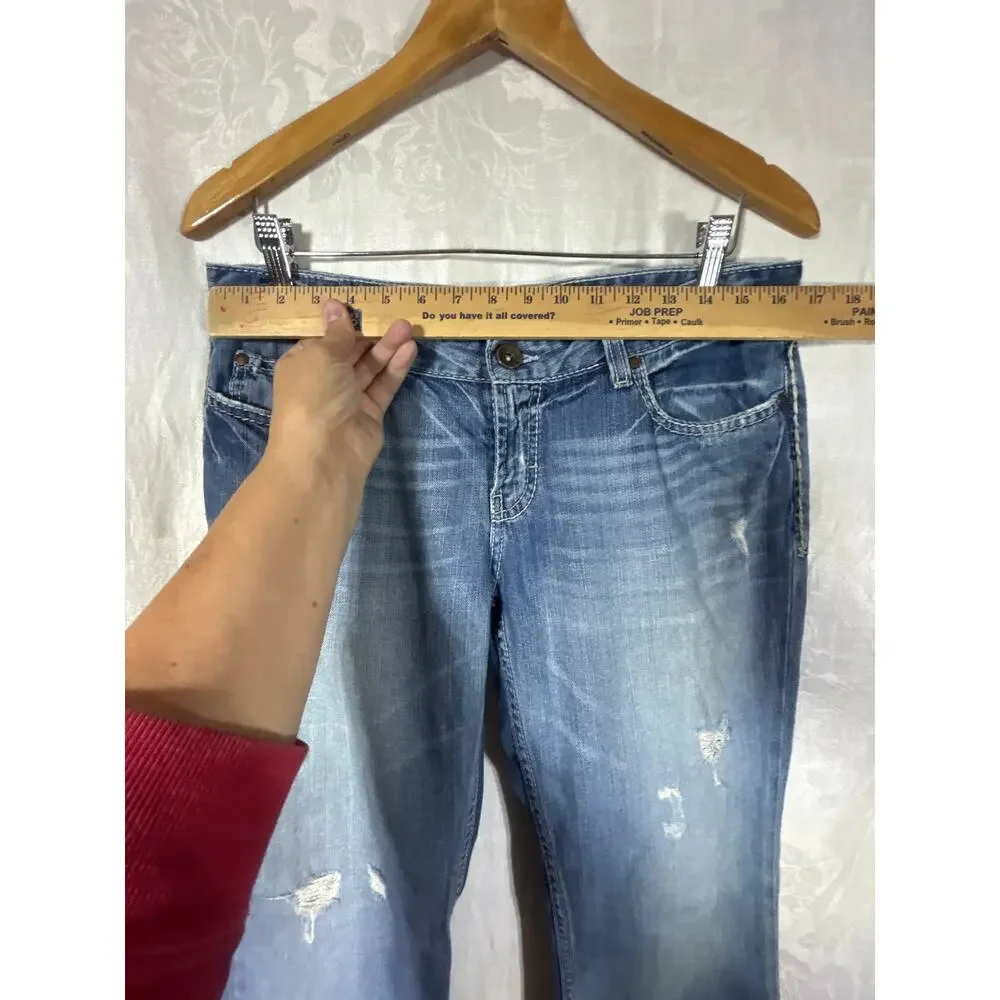 BKE Jeans 31x31.5 Sabrina Low Rise Flare Vintage Y2K Distressed Blue Denim